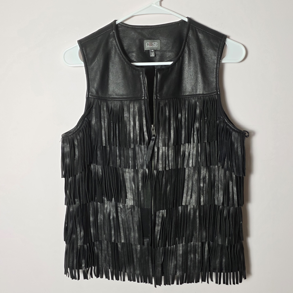 CUSP Neiman Marcus Genuine Leather Fringe Vest Black Boho Western Moto Size M